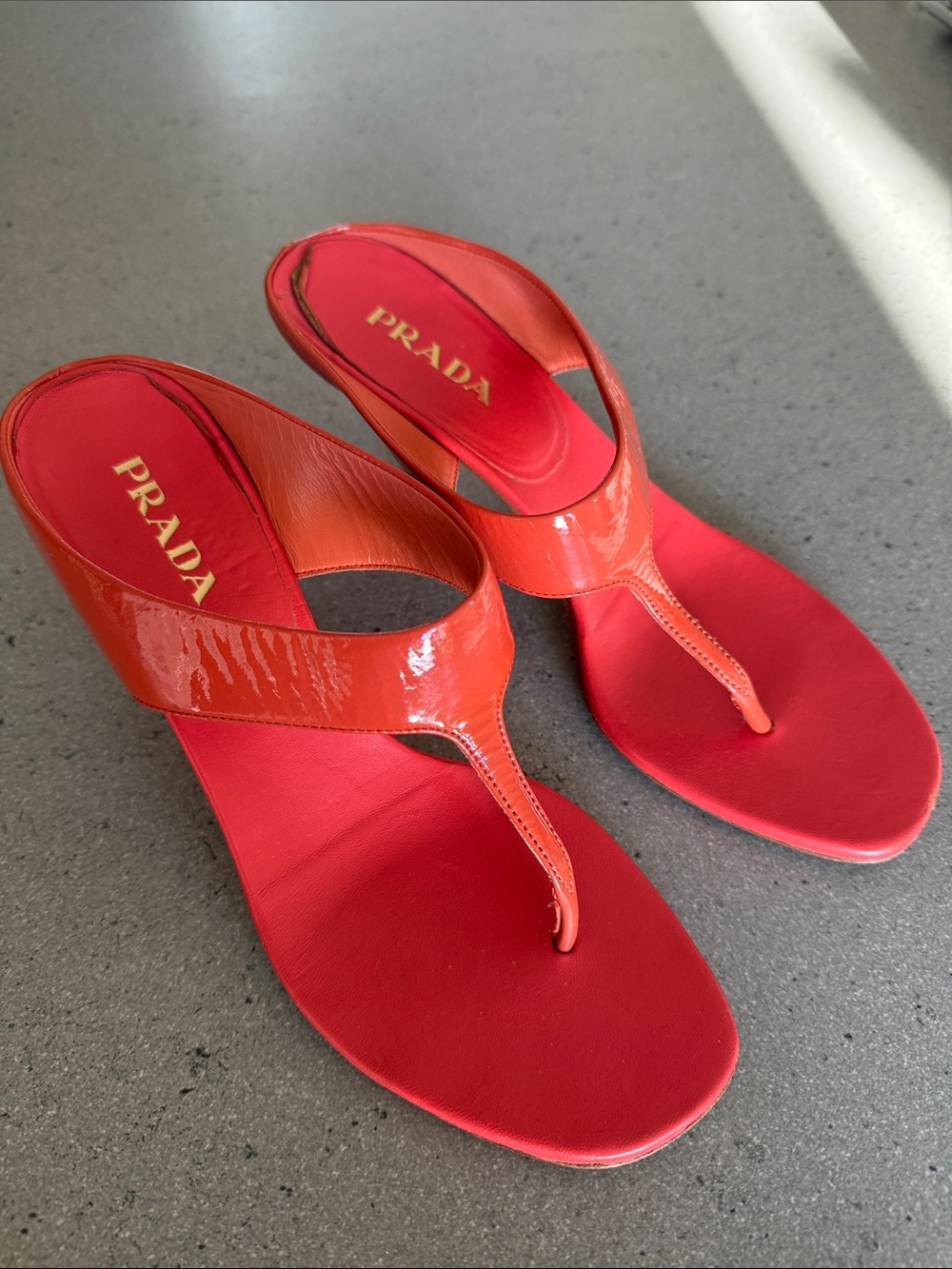 Prada Coral Patent Leather Thong Sandals
